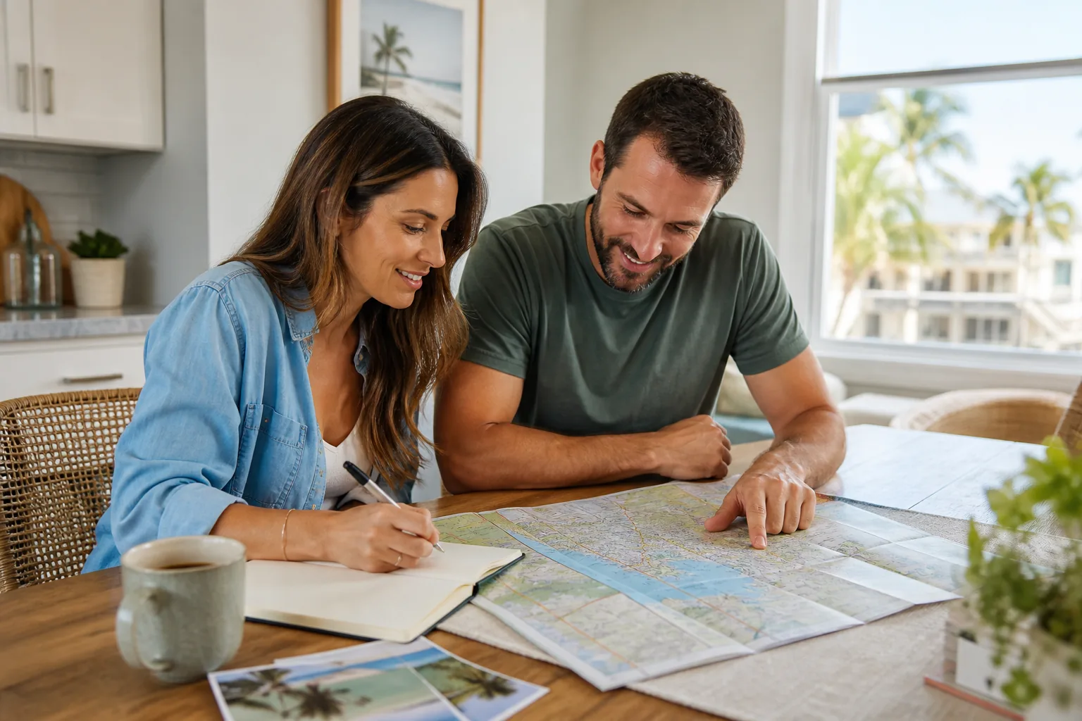 Adult couple planning a Florida trip with a map