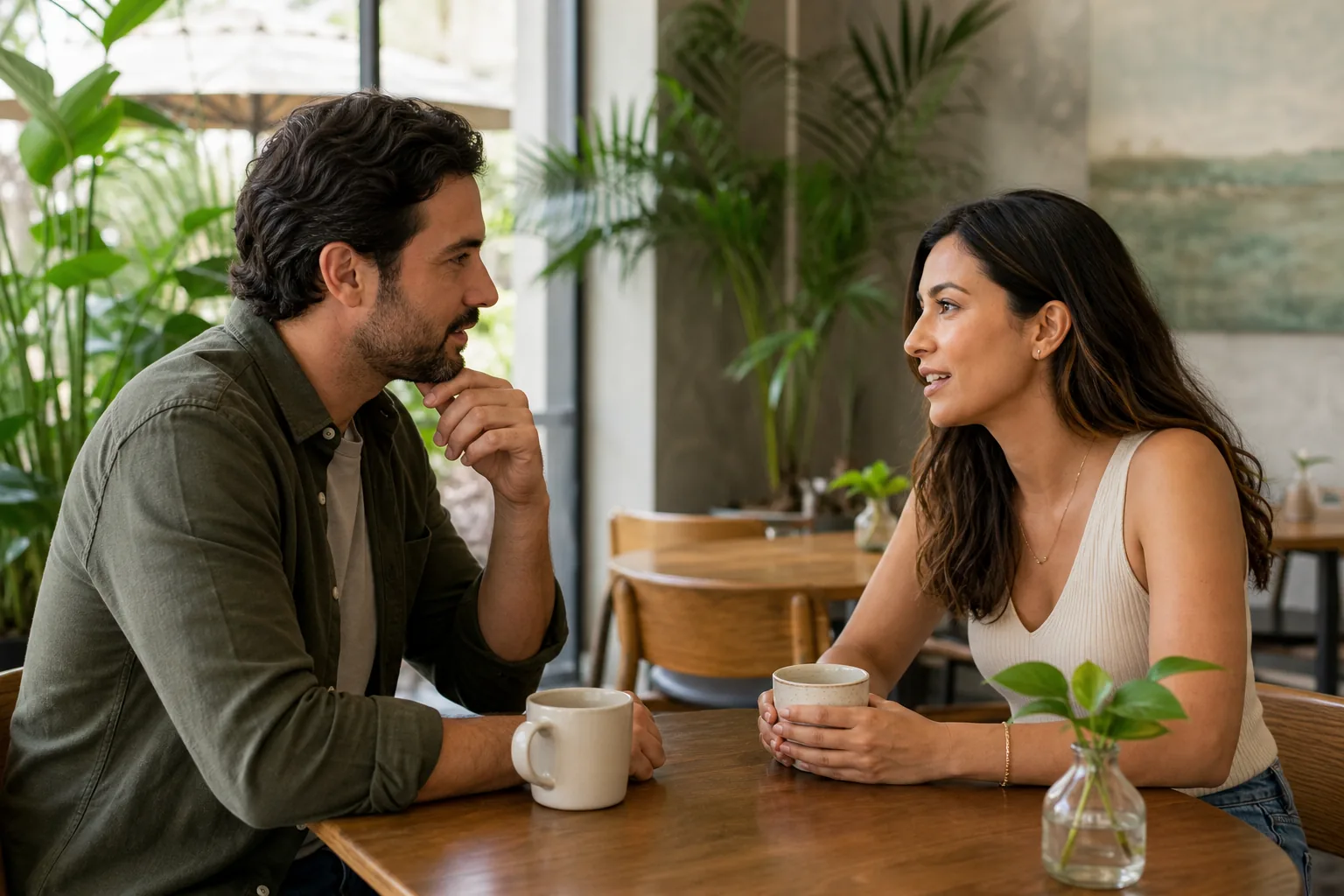 Two adults having a calm conversation at a Florida café