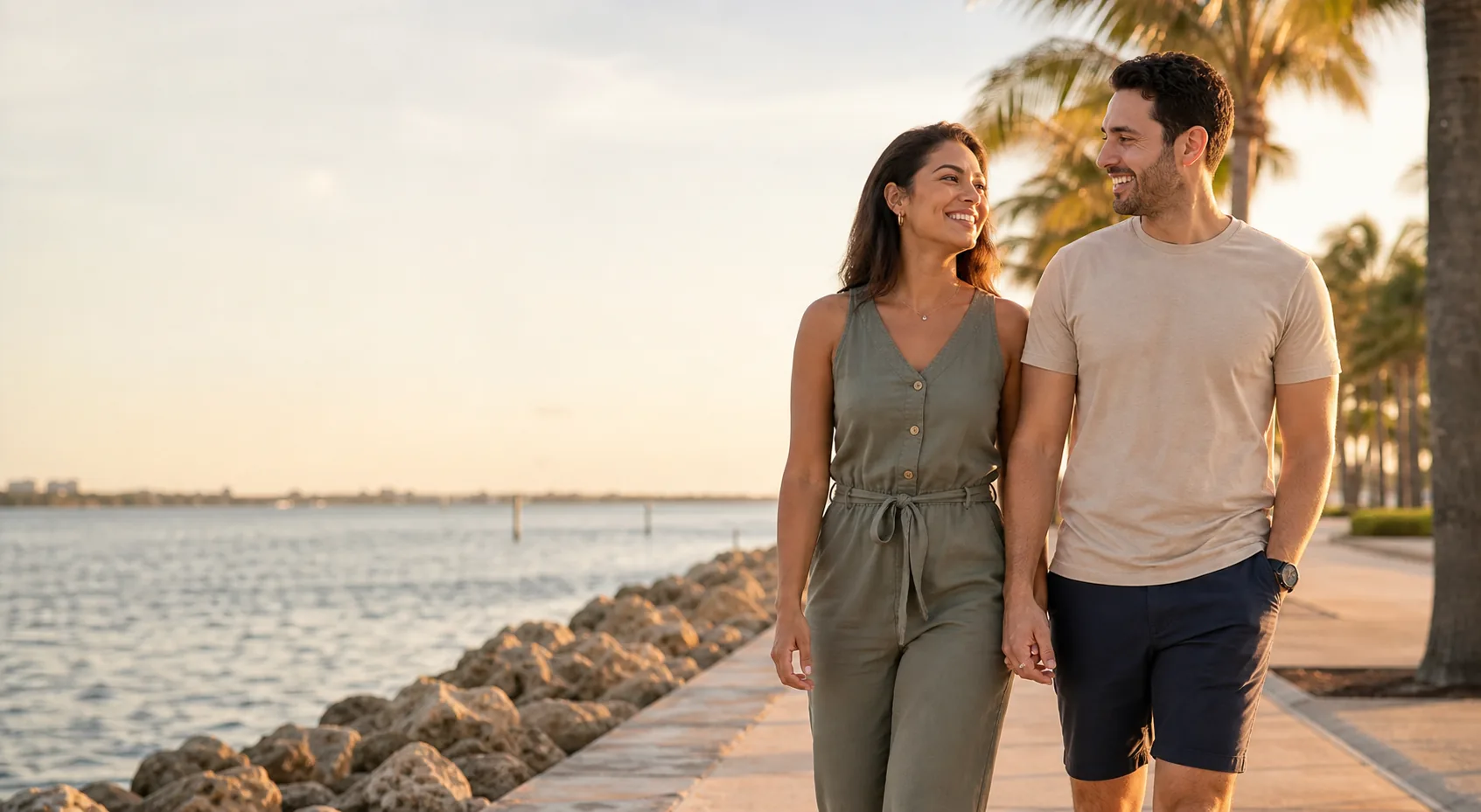 Adult couple walking beside the water in Florida